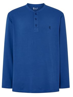 El Búho Nocturno Camiseta Pijama Hombre Algodón 100% o Mezcla - Manga Larga Invierno/Corta Verano - Botones Lisa Parte Arriba Ropa Dormir Interior T-Shirt Básica - 100% Algodón, Azul 7527, M