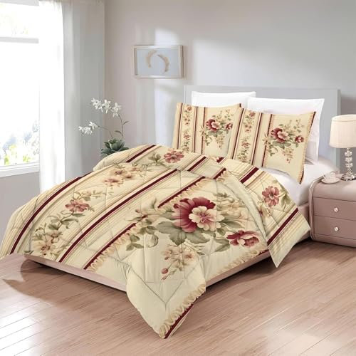 Bettdecke 200x220 Ohne Bezug Nutzbar, Blumen Und Pflanzendruck Bettdecken Waschbar Ganzjahresdecke Retro 4 Jahreszeiten Steppdecke, Bettzeug Microfaser mit 2 Kissenbezug für Sommer Winter Doppelbett