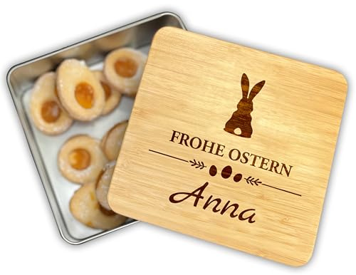Personalisierte Keksdose mit Wunschtext oder Name graviert, Plätzchendose Osterkörbchen Frohe Ostern Blechdose mit Bambusdeckel, Gravur, Metalldose, Vorratsdose Geschenke aus der Küche (Osterhase)