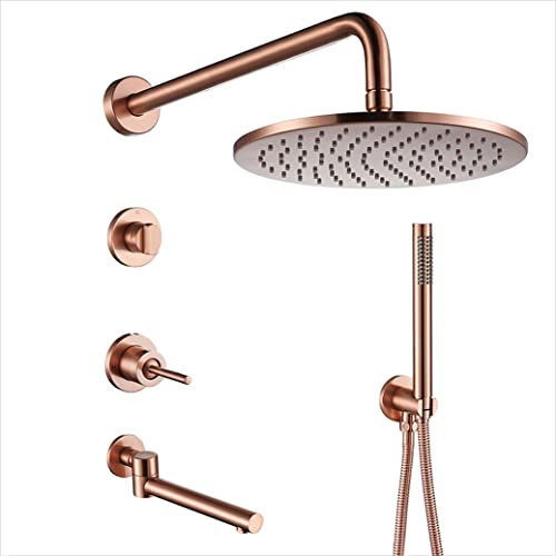 KFTLDYZL Set Doccia Sistema Doccia, Set rubinetti Doccia in Ottone Spazzolato Oro Rosa, Set Miscelatore deviatore Braccio a Parete, Set doccetta con soffione Doccia a Pioggia Rotondo da 8-1