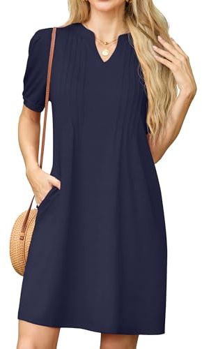 GRECERELLE Sommarklänning för kvinnor, ledig, kortärmad, V-ringad, T-shirtklänning med fickor, Marinblå, S