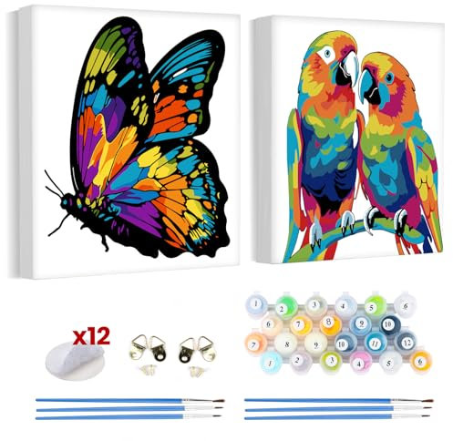 Lxmsja 2 Stück Malen Nach Zahlen Erwachsene Kinder mit Rahmen, Bunte Tiere Malen Nach Zahlen ab 5 6 7 8 9 10 Jahre Mädchen, Diy Set Erwachsene Acrylfarben Ölgemälde Leinwand für Home Décor, 20x20cm