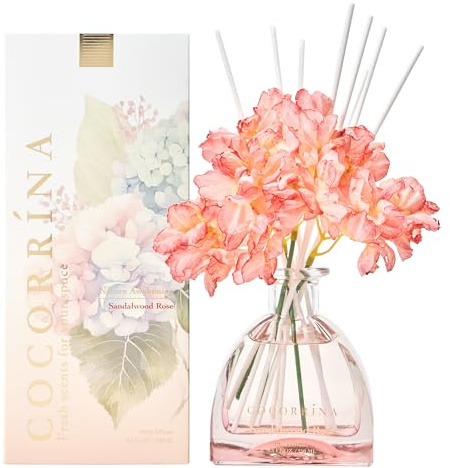 COCORRSTENNA Blomma, 250 ml, rumsdoft med 8 doftpinnar, sandelträros, naturlig, långvarig, hemdoft för vardagsrum, sovrum, badrum, hylla, dekor