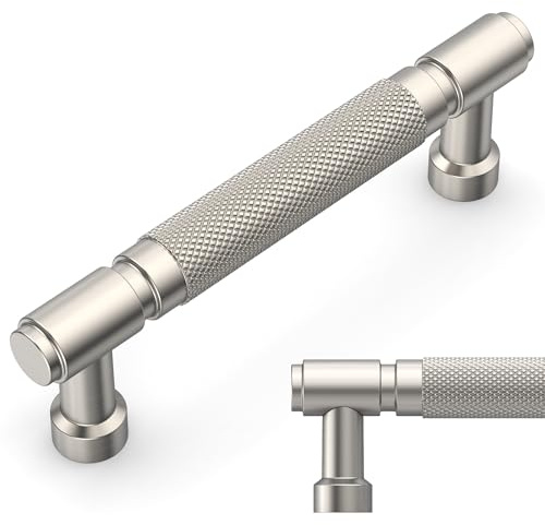 Amerdeco 10 Pack Brushed Satin Nickel knurled Cabinet Pulls 3.75 Inch(96mm) Hole Center Drawer Pulls Cabinet Hardware Kitchen Cabinet Handles for Bathroom AM032