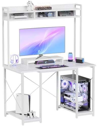 JUMMICO Gaming Tisch Schreibtisch 120 x 60 x 162 cm, Schreibtisch Computertisch mit Regal und Monitorständer, PC Tisch fürs Homeoffice (Weiß)