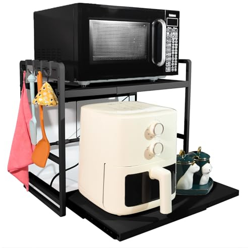 BeSokar 2-stüfiges Mikrowellenregal – Höhenverstellbare & Ausziehbare Küchen-Ablage mit Schublade – Aus Kohlenstoffstahl – Inkl. Haken & Verstärkungssaugnäpfen – Einfache Montage (Schwarz)