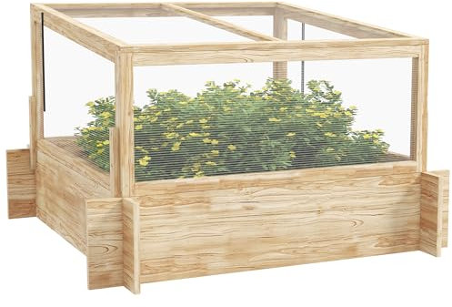 Outsunny Outdoor Raised Garden Bed, Wooden Elevated Planter Box with Cold Frame Greenhouse and Openable Top for Vegetables, Flowers and Herbs, 98x98x63.5cm