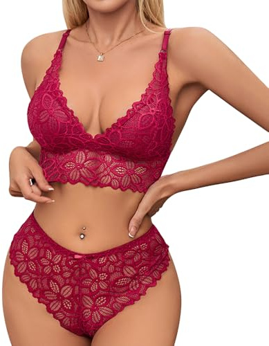 Satohom Lingerie Babydoll Donna Hot Pizzo Sleepwear Completo Intimi Set Intimo Camicie da Notte 2 Pezzi Soft Push Up Reggiseno Pizzo Slip Perizoma Trasparente Biancheria Intima San Valentino