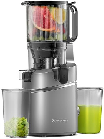 AMZCHEF Slow Juicer Extractor de zumo de frutas y verduras para frutas enteras, apertura XXL 135 mm, sin BPA con libro de recetas - recipiente 1.8L, triple filtro, gris