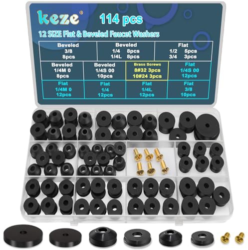 KEZE 114 PCS 12 Size Tap Washers Assorted Kit with Brass Bibb Screws Assortment Flat and Beveled Rubber Washer Fits 1/4'',3/8'',1/2'',3/4'' Taps Stem Leak Worn Out Seal Repair