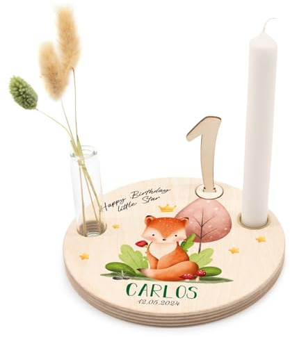 GRAVURZEILE Bedruckter Geburtstagsteller aus Holz - Waldtiere Fuchs - Personalisiert mit Name & Datum - inkl. Kerzenhalter, Glasvase & Zahlen 0-9 - Geschenk für Baby & Kinder zum Geburtstag
