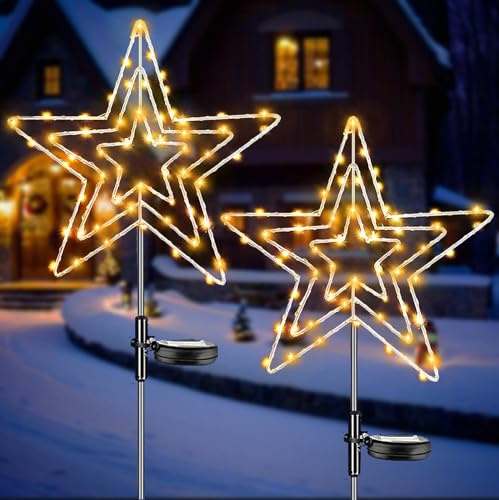 Joysing Solar Christmas Lights Outdoor 2 Pack Star Christmas Stake Lights, IP65 Waterproof Star Path Light 8 Modes Solar Garden Stake Light for Path Lawn Yard Xmas Decoration