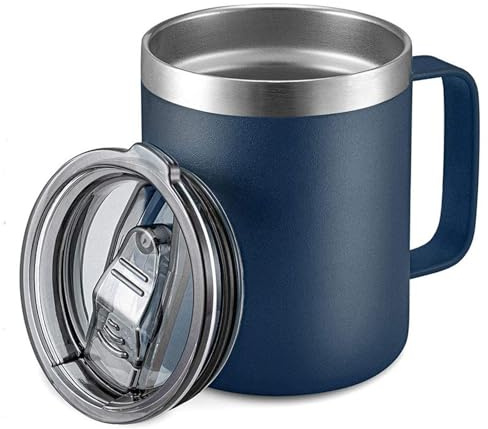 Senshuomy Thermal Mug, Insulated Mug with Handle and Sliding & Straw Lid, Leakproof Reusable Double Walled Vacuum Stainless Steel Travel Camping Coffee Cup,Dishwasher Safe (Blue/12oz)