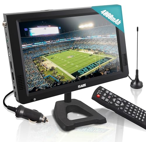 Rywob 10 Portable TV,Battery TV with USB/SD/HDMI Input,Mini TV 1080P LCD Screen with Stand for Camping, Car, Kitchen,Travel,Emergency（Black Stand）