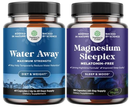 Bundle of Water Away Herbal Diuretic Pills High Strength - Fluid Retention Supplement with Dandelion Leaf Extract & Green Tea and High Absorption Magnesium Sleep Supplement - Melatonin-Free for Sleep
