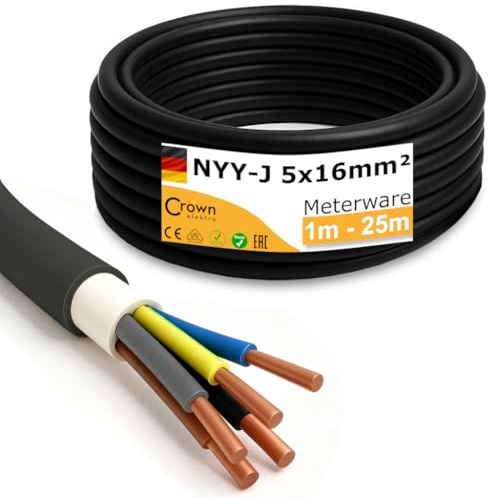 NYY-J 5x16mm² Erdkabel | 1–25m Meterware | 5-adriges Starkstromkabel aus Kupfer | Außenkabel für Drehstrom, Wallbox & Elektroinstallation | Made in Germany | Länge (17m)