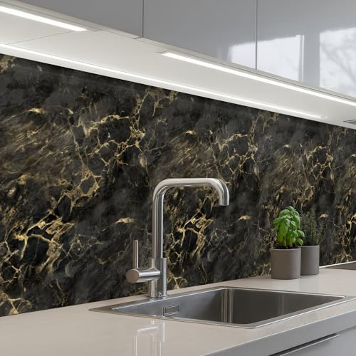 KitchenYeah© Rückwand Küche Rückwandschutz Selbstklebend Spritzschutz | 80x400 cm - Küchenrückwand Küchenfront Küchen Selbstklebende Küchenrückwände Schwarz - Marmor - Gold - Nerf
