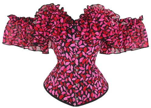 ZTFYKLIN Moldeadora De Cuerpo para Mujer con Encaje Satinado Y Labios Rojos Corsé (Hot Pink, XXL) Corset Marron Negro Corsets Disfraz Blanco Morado Black Pirata Lila Corpiños Vampiro Red