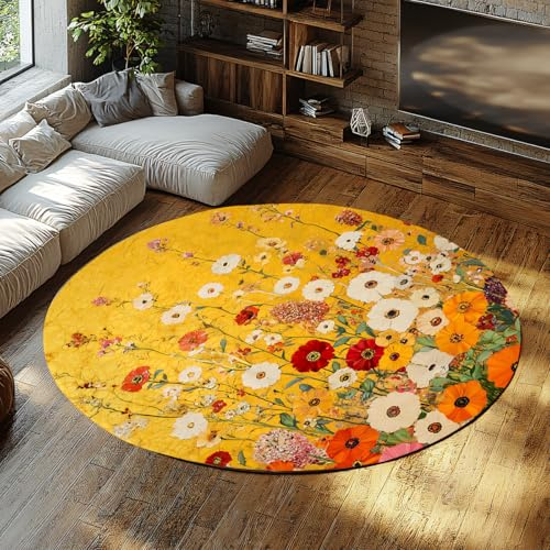 Gustav Klimt Runde Teppiche Wohnzimmer 60cm Senfgelb Großer waschbarer Vorleger für Home Office & Esszimmer Rutschfester Kurzflor Weicher Bodenmatte Leicht zu Bunte Wildblumen Print Area Matte