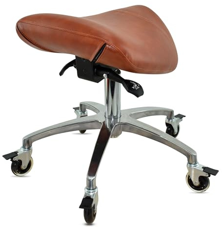 VAKON SALON - Sattelhocker mit Neigung Hellbraun, Sattelstuhl, Rollhocker höhenverstellbar von 50-65 cm, Drehhocker, Praxishocker, Bürohocker, Arbeitshocker