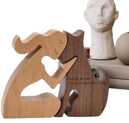 Statuetta a forma di animale in legno, scultura in legno fatta a mano per la casa con donna che bacia il cane, elemento decorativo aggiunge fascino a soggiorno, camera da, ufficio, scrivania