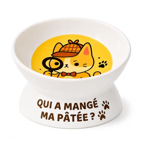 WholeSome Tech. Qui a mangé ma pâtée ? – Gamelle Chat Drôle en Céramique – Cadeau Original Amoureux des Chats – Bol Surélevé Design Humour – Anniversaire, Noël, Crémaillère | Gamelle qui garde votre sol propre, en plus elle est rigolote !