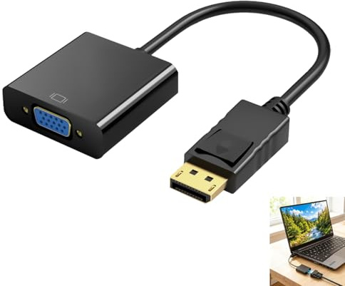 Adaptateur DisplayPort vers VGA DP Mâle vers VGA Femelle 1080P, Convertisseur Actif Full HD, Connecteur Plaqué Or avec Verrouillage, Compatible avec PC Portable Moniteur Projecteur Lenovo Dell HP ASUS