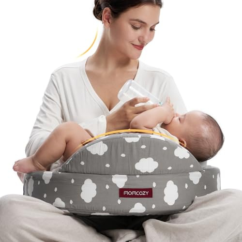 momcozy Amningskudde i minnesskum, ergonomisk amningskudde, brett stöd och justerbar rem, avtagbart bomullsöverdrag, molngrå
