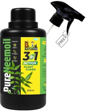 B Natural Organic Neem Oil for Plants 250ml with Free Spray Gun Concentrate Cold Pressed Water Soluble Formula for Garden & Home Plants for Making 50 Neem Spray Bottles