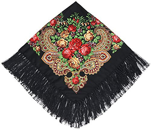 Uainhrt Tassel Scarf Cotton Large Square Shawl and Wraps,Versatile Gift Fringe Boho Shawl,43×43 (Black)