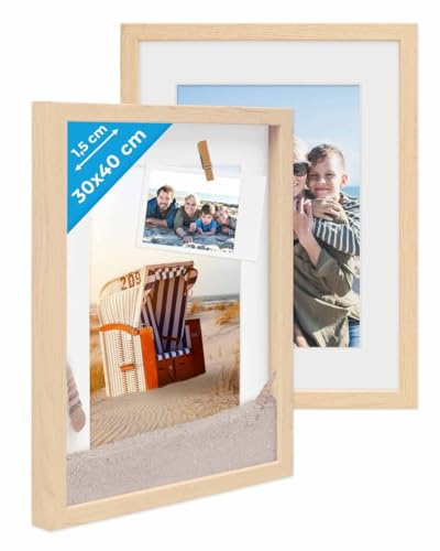 PHOTOLINI 3D Bilderrahmen zum Befüllen 30x40 Natur groß, 1,5 cm tiefer Objektrahmen mit Glas, 2X tiefer Bilderrahmen 30x40 Holz MDF mit Passepartout, Dicker 3D Rahmen befüllbar für Gegenstände
