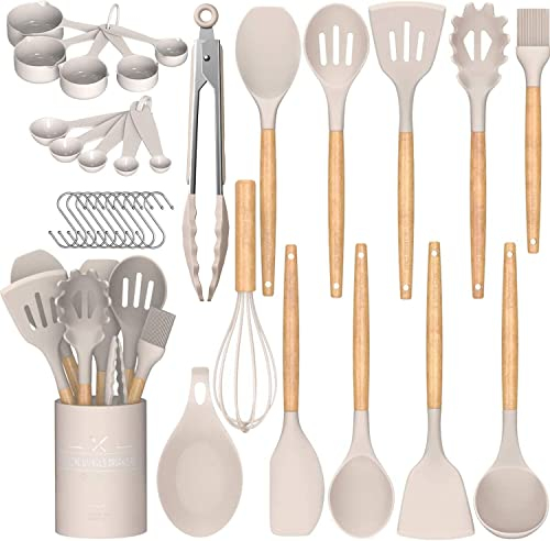 Umite Chef - Set di 24 utensili da cucina in silicone antiaderente, con supporto, manico in legno, resistente al calore, senza bisfenolo A kaki 24 pezzi.