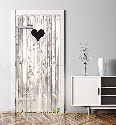 MyMaxxi - Tür bekleben mit Türtapete Türposter Türfolie Selbstklebend 90x200 Holz Klotür Herz weiß - Tür verschönern mit Türfolie - Türaufkleber Türklebefolie Vintage Holz Bretter