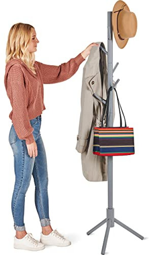 High-Grade Wooden Tree Coat Rack Stand, 6 Hooks - Super Easy Assembly NO Tools Required - 3 Adjustable Sizes Free Standing Coat Stand, Hallway Coat Hanger Hat Stand, for Handbag, Clothes & Accessories