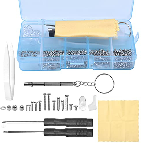 Glasögonreparationssats, 500 st glasögonskruvar kit med muttrar för skruvar, 10 par näskuddar, miniskruvmejsel och pincett för reparation av glasögonglasögon, solglasögon, klocka