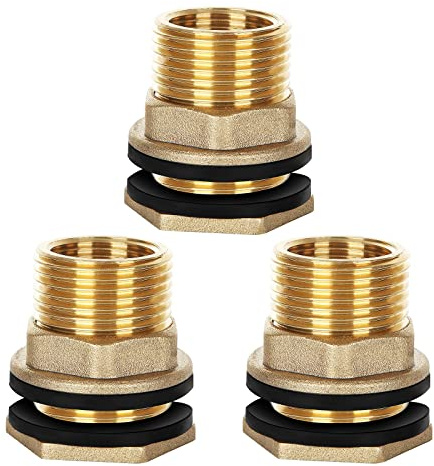 3 Pack Brass Bulkhead Fitting, 3/4 Female 1 Male Garden Hose Straight Threaded with Rubber Ring, Water Tank Connector Threaded Bulkhead Fitting for Aquariums Tubs Pools Spigot Rain Barrels
