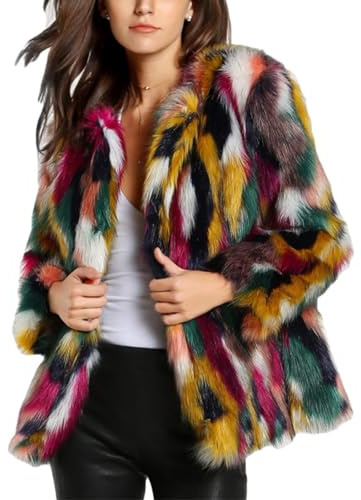Gihuo Women’s Multicolor Faux Fur Coat Winter Warm Gradient Color Outwear Jacket Fall Shaggy Furry Open Front Cardigan (Multicolor-S)