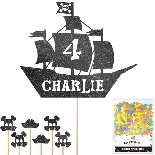 Personalised Birthday Pirate Ship Glitter Cake Topper- Black Any Custom Age & Name Glitter Cake Decoration and Sprinkles - Happy Birthday Decorations - Personalised Toppers for Cakes by Cakeshop