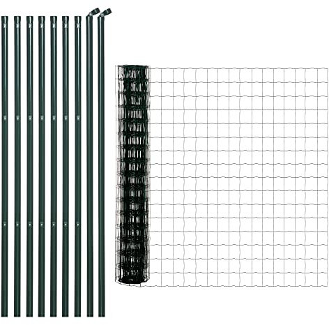 Outsunny Grillage Rouleau soudé - Maille 7,3L x 6,3l cm - Hauteur 2 m - Longueur 10 m - poteaux, Jambes de Force Inclus - Acier revêtement PVC Vert