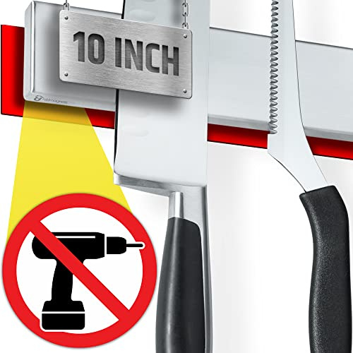 10 Strong Adhesive (No Drill) Magnetic Knife Holder for Wall - Professional Knife Strip - No Screws Needed - Adhesive Backing - Stainless Steel Bar (Upgraded Version – Will Not Fall)