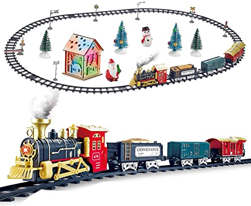 JAWSEU Weihnachtszug-Set, Weihnachten Zug Deko mit Licht und Ton, Lokomotive Elektrische Eisenbahn Zug Spielzeug Set, Weihnachtsbahngleise Set Kinderspielzeug Geschenk