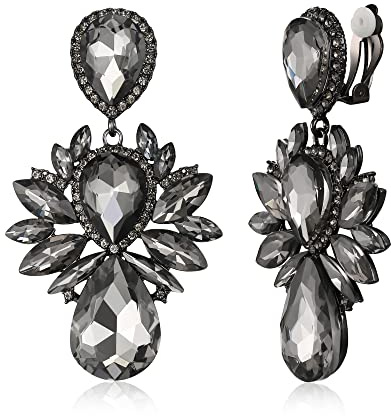 EVER FAITH Kristall Ohrclips Hochzeit Strass baumeln Vintage-Stil Tropfen-Schliff Marquise Statement Kronleuchter Clip-on Ohrringe für Damen Braut Party Klar Silber-Ton