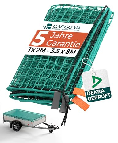 CargoVA Intelligent släpvagnsnät 2 x 2 m [Dekra test] – plattnät med gummirep och hörnmarkering – för perfekt lastsäkring
