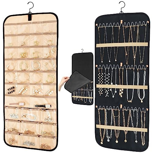 Oudizz Necklace Organiser Storage - Hanging Jewellery Organiser with Dustproof Cover and Rotating Metal Hook - Rotating Display Stand Earring Holder 1 Piece, Large, Black