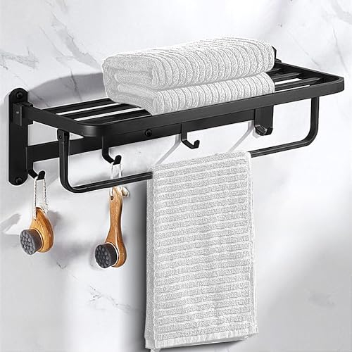 Handtuchhalter Ohne Bohren,39 cm Wandmontage Handtuchhalter，mit 4 Haken Multi - Badetuchhalter mit Ablage Matt schwarz Edelstahl Handtuchstangen für Badezimmer Küche