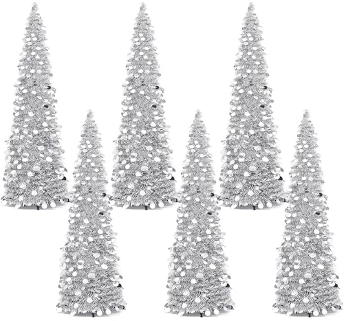 Leyndo Künstlicher Valentinstag-Bleistift, 1,5 m, zusammenklappbar, Weihnachtsbaum, Lametta, schmal, silberfarben, Pailletten, Weihnachtsdekoration für Zuhause, Kamin, Dekoration, 6 Stück