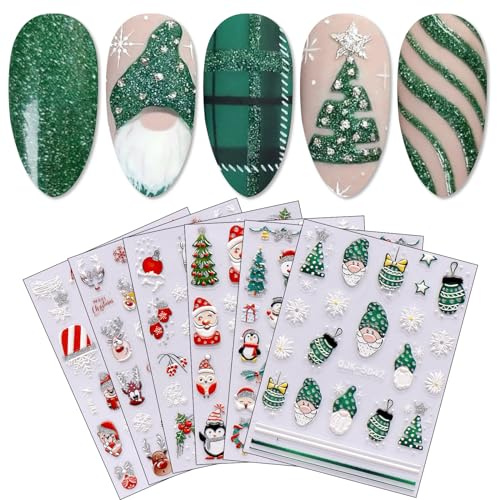 JMEOWIO 6 Blatt 3D Nagelsticker Weihnachten Glitzer Nail Art Sticker Selbstklebend Nagelaufkleber 5D Stereoskopisch Schneeflocken Winter Niedlich Dekoration Nageldesign Zubehör