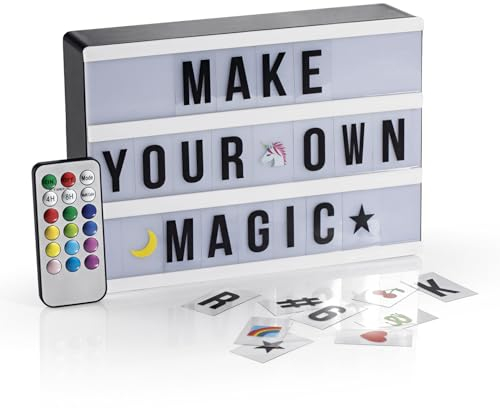 EASYmaxx LED-Leuchtkasten Light Box - Für individuelle Textbotschaften | Mega-Set mit 150 bunten Emojis und 173 austauschbaren Buchstaben, Zahlen und Symbolen | Mit Timerfunktion [A5]