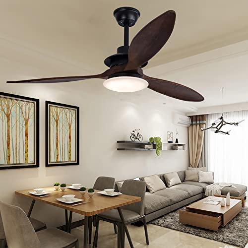 YFHKWJ 52in Holzmaserung Deckenventilator Mit Lüfter & Fernbedienung Reversibel DC-Motor 6 Luftgeschwindigkeit Für Schlafzimmer Wohnzimmer Deckenventilator Licht Mit Timer-Black