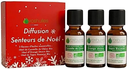 VOSHUILES - Kit Diffusion Senteurs de Noël BIO - 3x10ml - Huiles Essentielles Orange Douce Sapin Baumier et Cannelle - Ambiance Fête Gourmande et Chaleureuse
